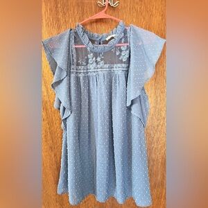 BiBi Slate Blue Swiss Dot Ruffle Top with Pink Star Logo